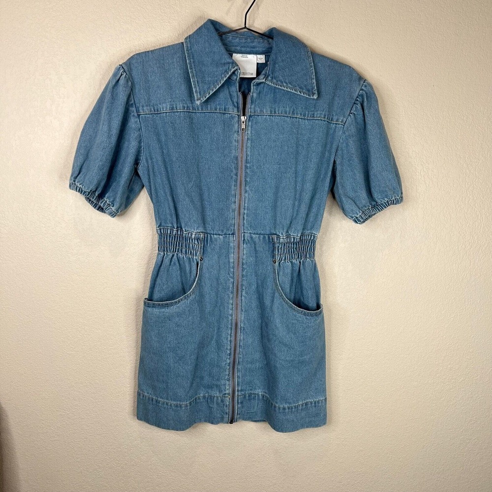 C/MEO COLLECTIVE Peripheral Mini Dress Small S Blue Denim Short Sleeve Zip Front